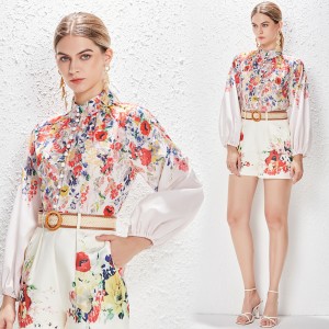 Real time spot spring and summer two-piece set, fashionable stand up collar, single breasted long sleeved shirt, printed top, short belt set