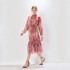 Real time shooting of spring and summer new chiffon flowing dress with patchwork stand up collar printed vacation style mid length skirt+suspender