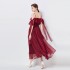 Real time shooting of celebrity's same style one neck lace up waist cinching big swing super fairy red printed strapless dress, long skirt