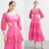 Real shot spot square collar high street design sense splicing lace hollow out large lantern sleeve dress with exposed waist vacation skirt