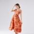 Real shot Australian design camisole dress with orange print for women, waist cinched and backless, trendy vacation style dress