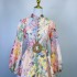 Real shot Australian new linen patchwork floral print mini dress with single breasted button and large swing short skirt