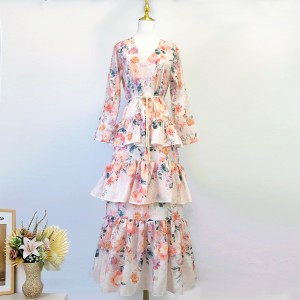 Real shot spot Z home early spring light luxury high order V-neck colorful floral print layered long cake skirt dress