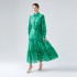 Real shot spot 2-color vacation style European and American fashion dress with lapel lantern sleeves, single breasted long sleeved lace up long skirt