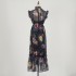 Real time spot holiday fungus edge printed dress embroidered with three-dimensional flowers, heavy-duty fashionable dress+suspender