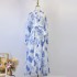 Real time spot niche retro elegant printed single breasted high-end cotton and linen dress with women's lace up lantern sleeves long skirt