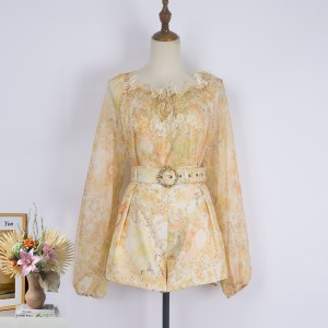 Real shot spot design yellow floral chiffon butterfly embroidery lace up shirt top+wide leg shorts set