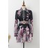 Real shot spot positioning cartoon print lapel diamond buckle single breasted dress temperament cinched waist flower bud skirt with belt