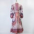 Real shot spot design with retro printed single breasted exquisite high-end dress with waist cinching and waist belt, mid length skirt for women