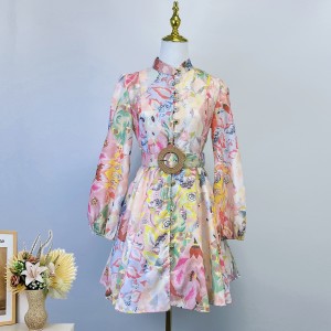 Real shot Australian new linen patchwork floral print mini dress with single breasted button and large swing short skirt