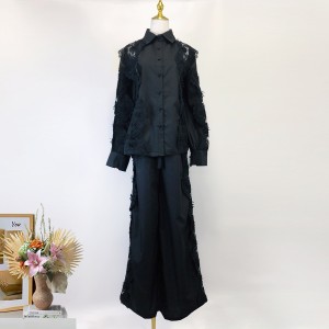 Real time spot Australian niche design sense lapel heavy industry splicing lace lace shirt+wide leg pants set