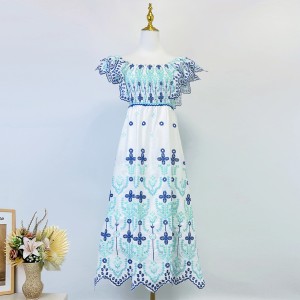 Real time spot temperament long dress, new flower embroidery hollow out one piece collar ruffle edge slim fit dress, mid length skirt