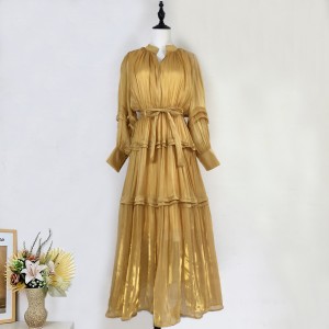 Real shot spot European and American designer V-neck high-end lantern sleeve ruffle edge dress silk light gentle style long skirt