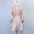 Real shot Australian new linen patchwork floral print mini dress with single breasted button and large swing short skirt