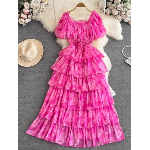 French gentle style short sleeved square neck waist cinching slimming A-line ruffled cake print dress elegant long skirt