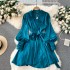 Wearing a high-end satin dress for women 2024 new spring outfit with French bubble sleeves and one-piece wrap around skirt