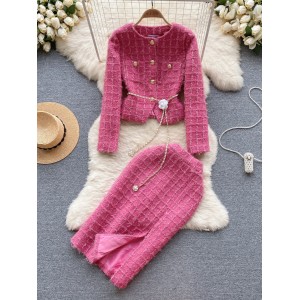 Advanced style with a luxurious touch, women's winter woolen cardigan jacket+split mid length skirt