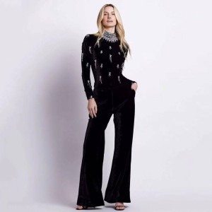 Cross border European and American autumn and winter new high waisted jumpsuit heavy industry nail bead inlaid diamond temperament bandage wide leg pants