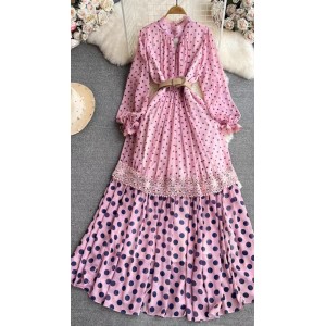 Spring and Autumn light mature style retro temperament long sleeved stand up collar cinched waist slimming A-line polka dot dress elegant large swing long skirt