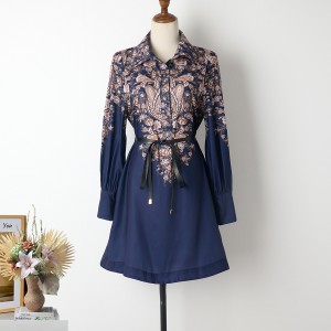 Real shooting spot Australian design lantern sleeves early autumn new style single breasted lapel tie navy blue dress short skirt