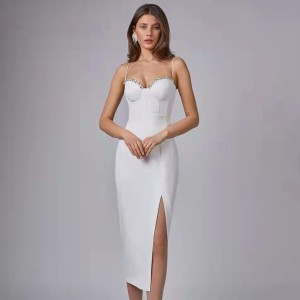 Cross border new 2023 European and American sexy diamond studded socialite temperament suspender slit bandage dress banquet dress