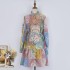 Real shot spot positioning print two-piece set stand up collar single breasted dress for vacation vintage chiffon short skirt+suspender