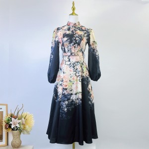 Real time spot European and American retro style printed single breasted lantern sleeve stand collar pocket mid length dress with belt