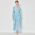 Real shot spot Van Gogh's starry sky V-neck diamond button chiffon dress with ruffled edges, vacation style long skirt, blue dress