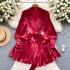 Wearing a high-end satin dress for women 2024 new spring outfit with French bubble sleeves and one-piece wrap around skirt