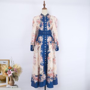 Real time spot single breasted autumn and winter new exquisite button positioning printed dress for foreign trade loose skirt belt