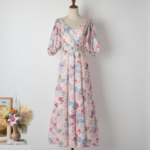 Real time shooting of spring and summer new items, pink flower print, vacation style temperament, bubble sleeves, waist cinching with belt, long skirt for women