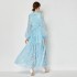 Real shot spot Van Gogh's starry sky V-neck diamond button chiffon dress with ruffled edges, vacation style long skirt, blue dress