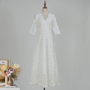 Real time spot European, American and British niche white lace hollow dress A-line V-neck elegant long dress for women