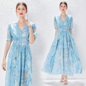 Real shooting spot vacation photo travel dress V-neck diamond buckle short sleeved chiffon ruffle edge starry sky pattern long skirt