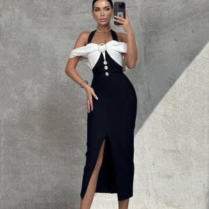 European and American cross-border new black and white contrasting slit hanging neck dress, elegant party dress with socialite temperament, bandage dress