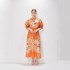 Real shot spot Australian orange flower print stand up collar elastic bubble sleeve dress long skirt lace up pocket skirt