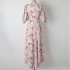 Real time shooting of spring and summer new items, pink flower print, vacation style temperament, bubble sleeves, waist cinching with belt, long skirt for women