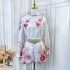 Real shooting spot Australian light luxury vacation style flower print fungus lace loose shirt+wide leg shorts set