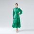 Real shot spot 2-color vacation style European and American fashion dress with lapel lantern sleeves, single breasted long sleeved lace up long skirt