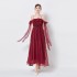 Real time shooting of celebrity's same style one neck lace up waist cinching big swing super fairy red printed strapless dress, long skirt