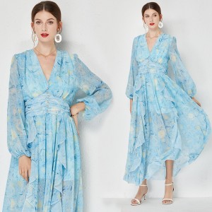 Real shot spot Van Gogh's starry sky V-neck diamond button chiffon dress with ruffled edges, vacation style long skirt, blue dress