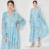 Real shot spot Van Gogh's starry sky V-neck diamond button chiffon dress with ruffled edges, vacation style long skirt, blue dress