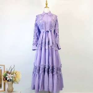 Real time spot autumn style palace style solid color exquisite button hollow lace splicing long dress in three colors