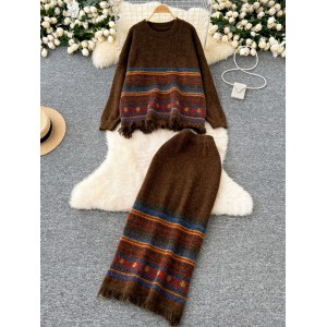 Bohemian style round neck striped fringed knitted sweater+high waist slimming mid length skirt autumn and winter set