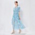 Real shooting spot vacation photo travel dress V-neck diamond buckle short sleeved chiffon ruffle edge starry sky pattern long skirt