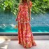 FD163 spot cross-border women's fashion temperament short sleeved printed medium and long style big swing bohemian dress