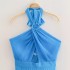 Foreign trade 2024 autumn new women's slim fit small pleated underwear style hanging neck collar long dress 3564152