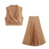 Summer new women's clothing European and American suit collar geometric print sleeveless vest+pleated skirt set