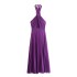 Foreign trade 2024 autumn new women's slim fit small pleated underwear style hanging neck collar long dress 3564152