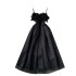 French retro Hepburn style black dress for women with a sense of luxury, featuring a cinched waist, feather patchwork, mesh, fluffy suspender, and long skirt